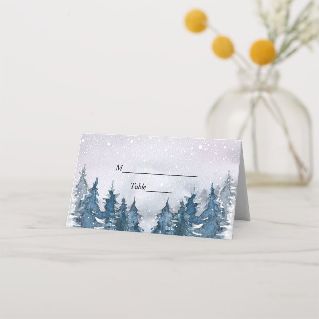 Modern Winter Watercolour Forest Blue Place Card (Front)