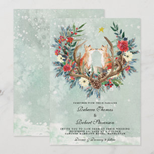 modern winter wedding red berries florals foxes invitation