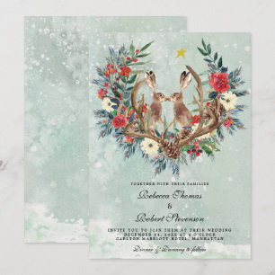 modern winter wedding red berries florals hare invitation