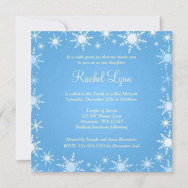 Modern Winter Wonderland Snowflake Bat Mitzvah Invitation (Front)