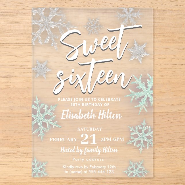 Modern Winter wonderland snowflakes  sweet 16 Acrylic Invitations (Front)