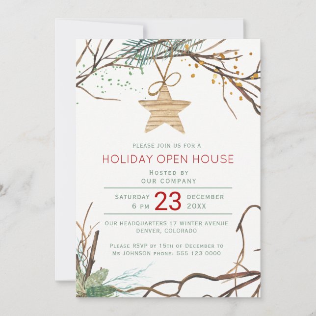 Modern winter wood branches holiday party invitation (Front)