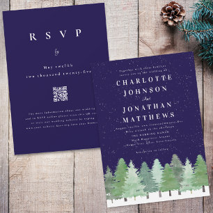 Modern Winter Woodland Navy Blue QR Code Wedding Invitation