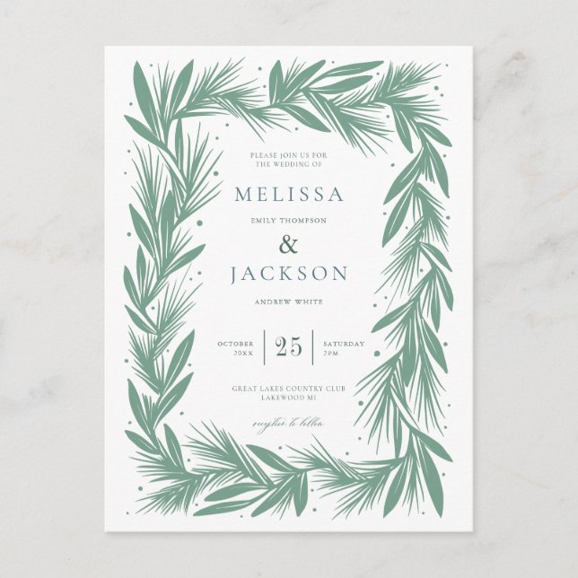 Modern Winter Wreath Frame Wedding Green Postcard (Front)