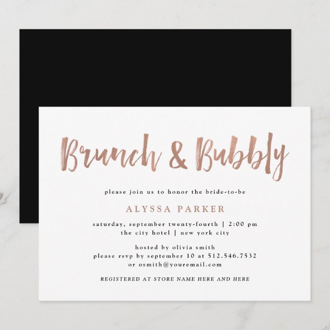 Modern Wish | Faux Rose Gold Brunch and Bubbly Invitation (Front/Back)