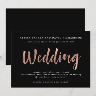 Modern Wish   Faux Rose Gold on Black Wedding Invitation