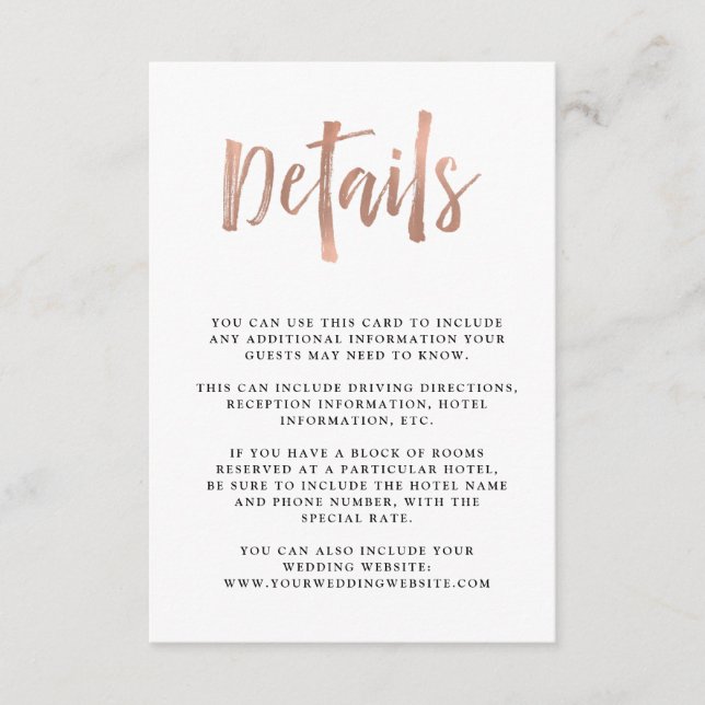 Modern Wish | Faux Rose Gold Wedding Guest Detail Enclosure Card (Front)