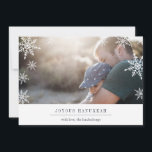 Modern Wish Hanukkah Photo Card | Editable Message<br><div class="desc">Modern, simple and minimal holiday photo card features your favourite horizontal or landscape oriented photo with a thick white bottom border. Your custom greeting appears in modern midnight blue lettering (shown with "Joyous Hanukkah"), with your family name or names beneath. A subtle snowflake pattern is overlaid over the edges of...</div>