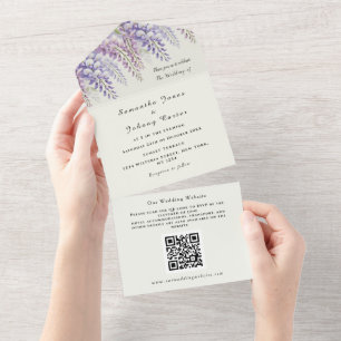 Modern Wisteria Watercolor Purple QR Code Wedding  All In One Invitation