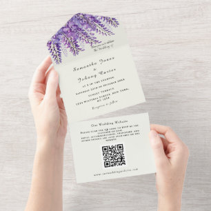 Modern Wisteria Watercolor Purple QR Code Wedding All In One Invitation