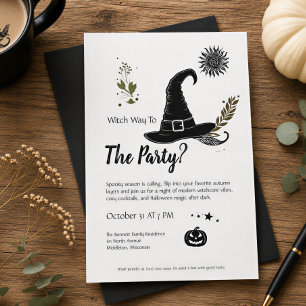 Modern Witchcore Monochrome Halloween Party Invitation