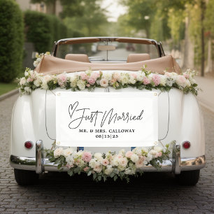 Modern With Heart Just Married Car Banner