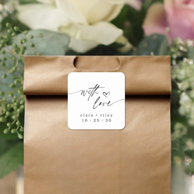 Modern WIth Love Elegant Script Heart Wedding  Square Sticker (Creator Uploaded)