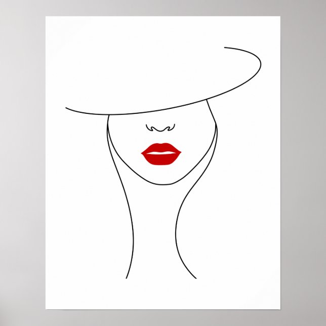 Modern Woman In Hat With Red Lipstick Line Art Poster (Front)