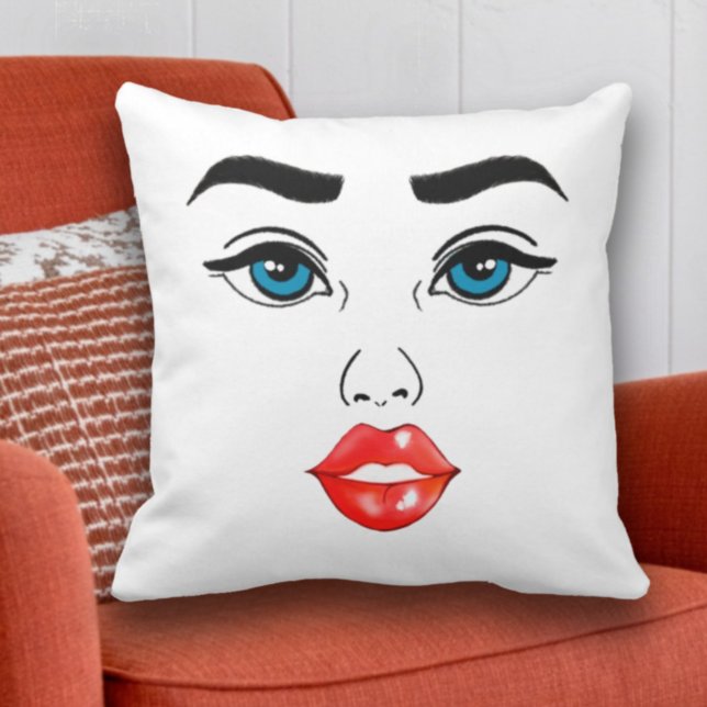 Modern Woman Line Art Drawing Blue Eyes Red Lips Throw Pillow (Creator Uploaded)