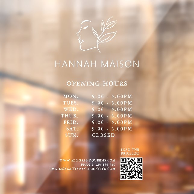 Modern, Woman Logo, Opening Hours & QR Code Window Cling (Sheet 2)