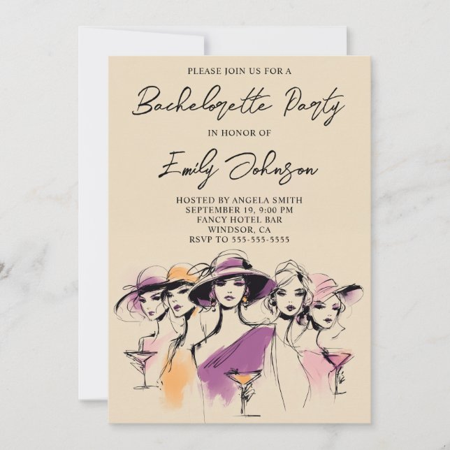 Modern Women Cocktails Illustration Bachelorette Invitation (Front)