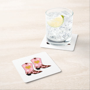Modern Women Pink Cowgirl Western Boots White Square Paper Coaster