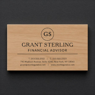 Modern Wood Financial Advisor Luxury Monogram Business Card