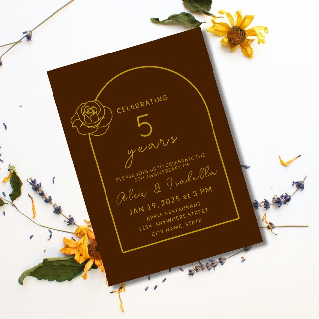 Modern wood Gold 5th Wedding Anniversary Invitation (Modern, elegant, minimalist wood brown and gold custom 5th year wood wedding anniversary invitation)
