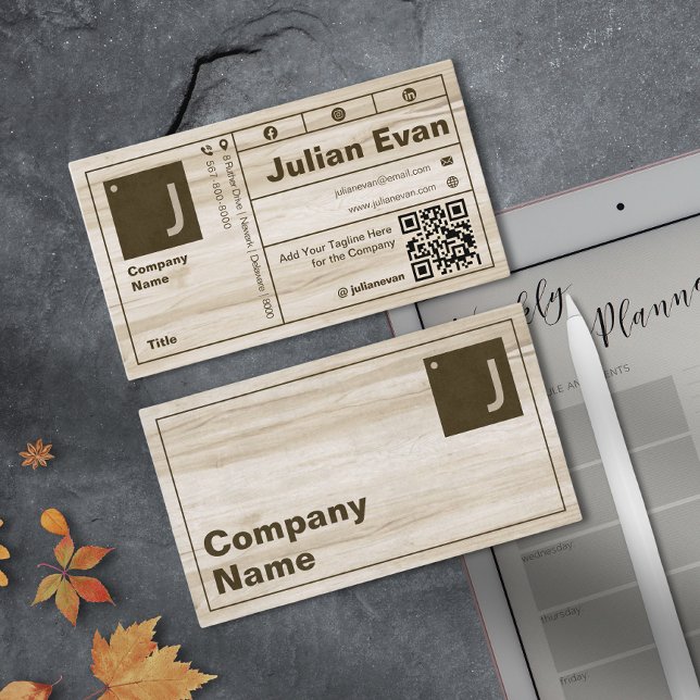 Modern Wood Grain Bold Typography Monogram QR Code Business Card (Modern Wood Grain Bold Typography Monogram QR Code Business Card)