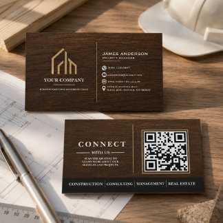 Modern Wood Grain QR Code Construction Business Card