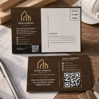 Modern Wood Grain QR Code Construction Holiday Postcard