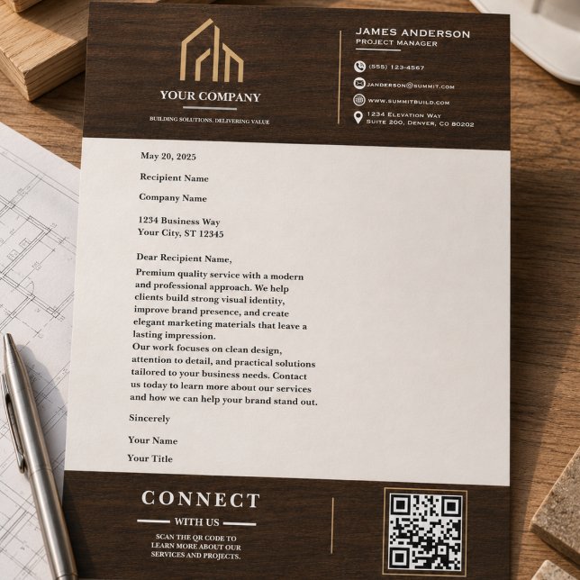 Modern Wood Grain QR Code Construction Letterhead (Modern Wood Grain QR Code Construction Letterhead
)