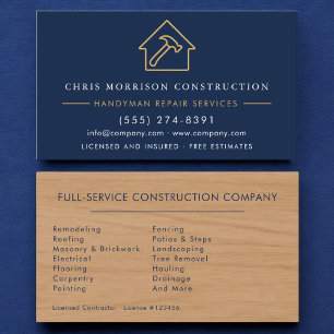Modern Wood Handyman Navy Blue Gold Construction  Business Card