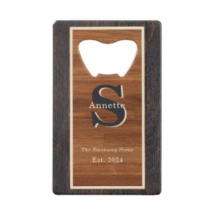 Modern Wood  Hue 2Tone Monogram Square  Credit Card Bottle Opener