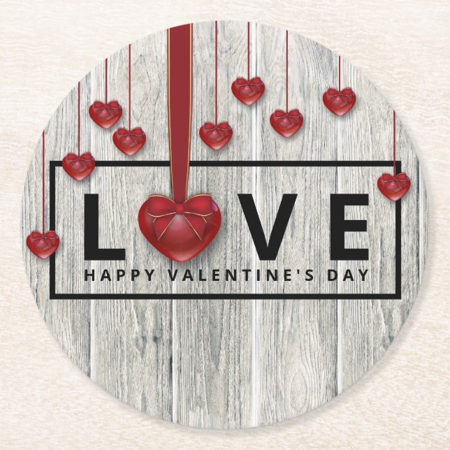 Modern Wood Valentine's Day Rustic LOVE Red Hearts Round Paper Coaster (Front)