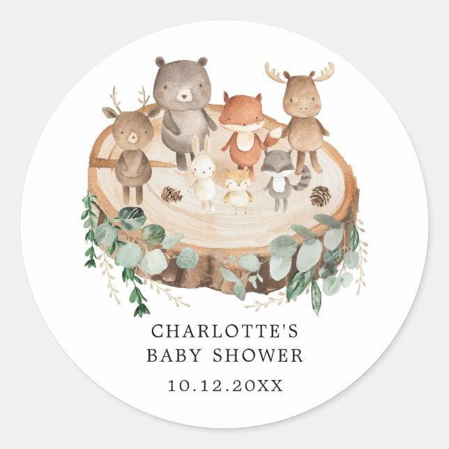 Modern Woodland Animals Greenery Baby Shower Classic Round Sticker (Front)