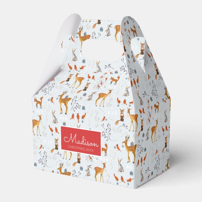 Modern Woodland Blue & Red Animals Deer Christmas Favor Box (Front Side)