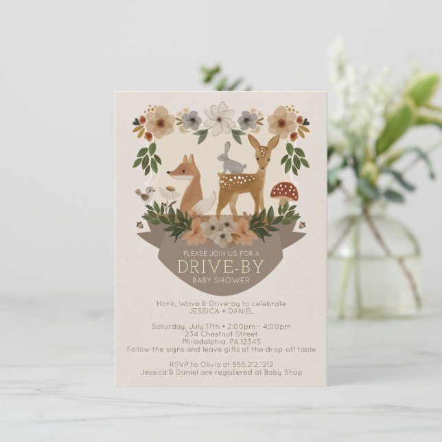 Modern Woodland Drive-by Baby Shower Invitation (Standing Front)