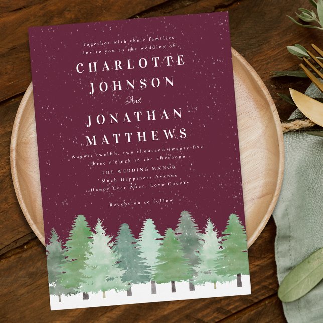 Modern Woodland Forest Burgundy Winter Wedding Invitation (Modern watercolor Woodland snow forest burgundy winter wedding invitation elegant script)