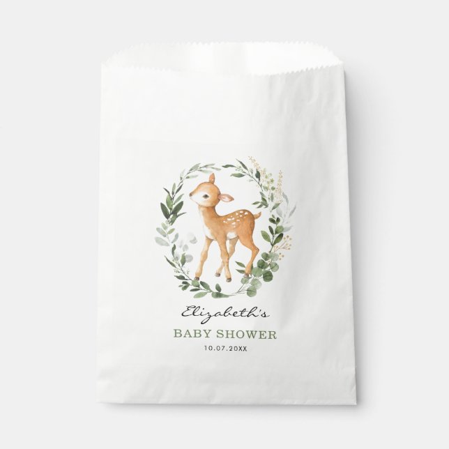 Modern Woodland Forest Deer Greenery Gold Baby Favour Bag (Front)