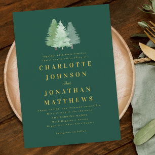 Modern Woodland Forest Gold Green Wedding Invitation