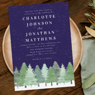 Modern Woodland Forest Navy Blue Winter Wedding Invitation