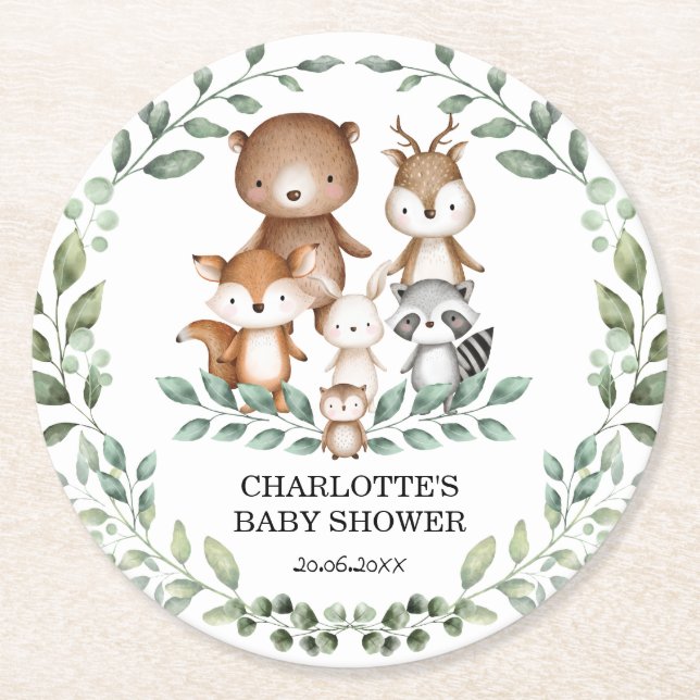 Modern Woodland Greenery Animal Baby Shower Decor Round Paper Coaster (Front)