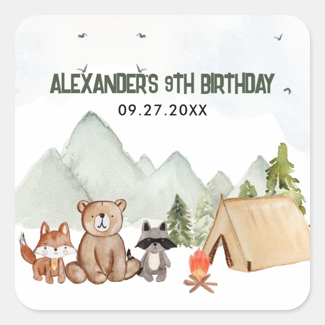 Modern Woodland Happy Camper Camping Kids Birthday Square Sticker (Front)