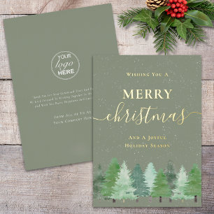 Modern Woodland Snow Company Logo Sage Green Gold Foil Holiday Card