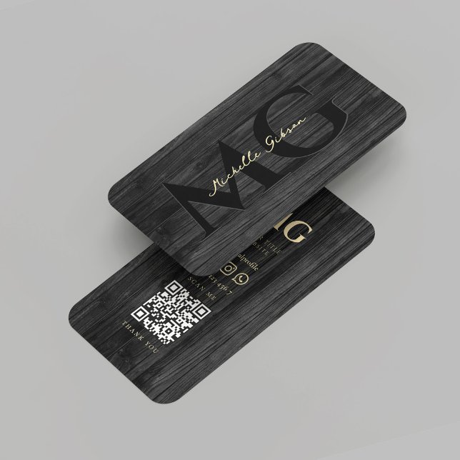 Modern Woodwork Carpentry Black Wood  Business Card (Modern Woodworking Professional Black Wood Monogram QR Business Card)