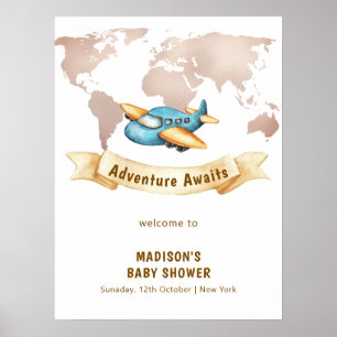 Modern World Map Airplane Boy Baby Shower Welcome Poster