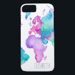 Modern world map globe bright watercolor monogram Case-Mate iPhone case<br><div class="desc">A modern monogram,  bright and colourful hand painted map of the world in globe shape with gradient and ombre watercolor in pink,  purple,  blue,  turquoise and green hues. A perfect gift for the traveller and geography enthusiast. An abstract representation of the world in watercolor paint.</div>