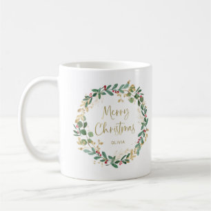 Modern Wreath and Gold Script   Merry Christmas Coffee Mug