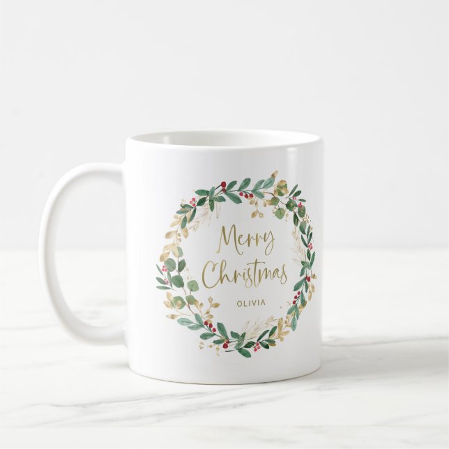 Modern Wreath and Gold Script | Merry Christmas Coffee Mug (Left)