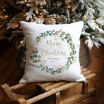 Modern Wreath and Gold Script | Merry Christmas Throw Pillow<br><div class="desc">This simple and stylish holiday pillow features a stunning watercolor wreath with green and faux gold leaves and red holly berries,  and gold modern script typography that says "Merry Christmas" on a white background.</div>