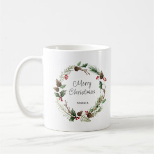 Modern Wreath and Merry Christmas Personalized  Coffee Mug