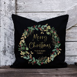 Modern Wreath and Script Black | Merry Christmas Throw Pillow<br><div class="desc">This simple and stylish holiday pillow features a stunning watercolor wreath with green and faux gold leaves and red holly berries,  and gold modern script typography that says "Merry Christmas" on a dark black background.</div>