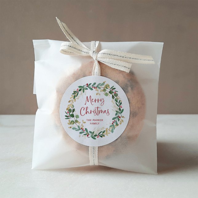 Modern Wreath and Script | Merry Christmas Classic Round Sticker (Modern wreath and script Merry Christmas stickers)